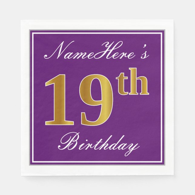 Elegant Purple, Faux Gold 19th Birthday + Name Napkin (Front)