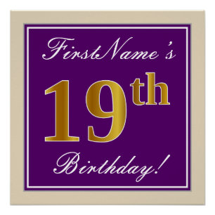 Elegant, Purple, Faux Gold 19th Birthday + Name Poster