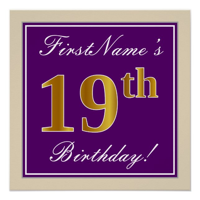 Elegant, Purple, Faux Gold 19th Birthday + Name Poster (Front)