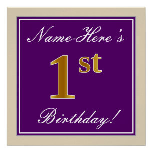 Elegant, Purple, Faux Gold 1st Birthday + Name Poster
