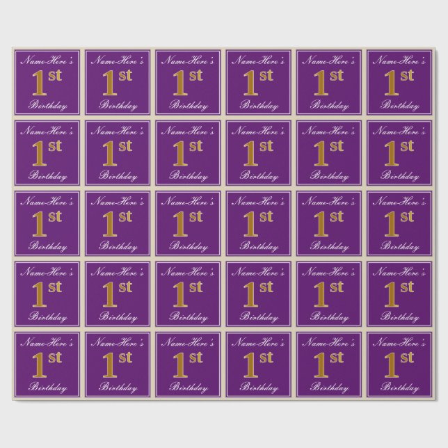 Elegant, Purple, Faux Gold 1st Birthday + Name Wrapping Paper (Flat)