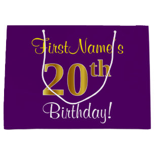 Elegant, Purple, Faux Gold 20th Birthday + Name Large Gift Bag