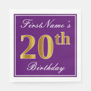 Elegant Purple, Faux Gold 20th Birthday + Name Napkin
