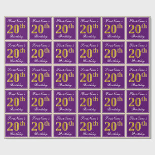 Elegant, Purple, Faux Gold 20th Birthday + Name Wrapping Paper