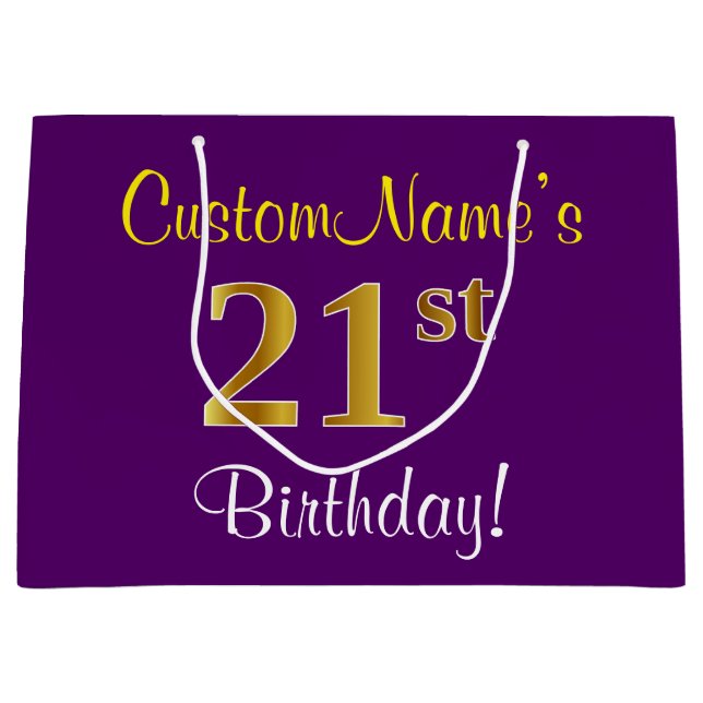 Elegant, Purple, Faux Gold 21st Birthday + Name Large Gift Bag (Front)