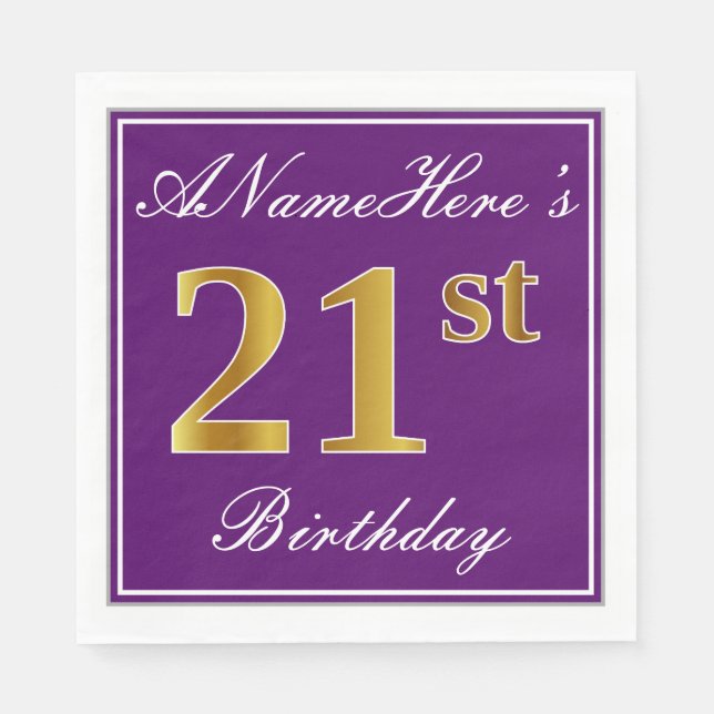 Elegant Purple, Faux Gold 21st Birthday + Name Napkin (Front)