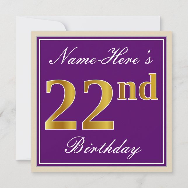 Elegant, Purple, Faux Gold 22nd Birthday + Name Invitation (Front)