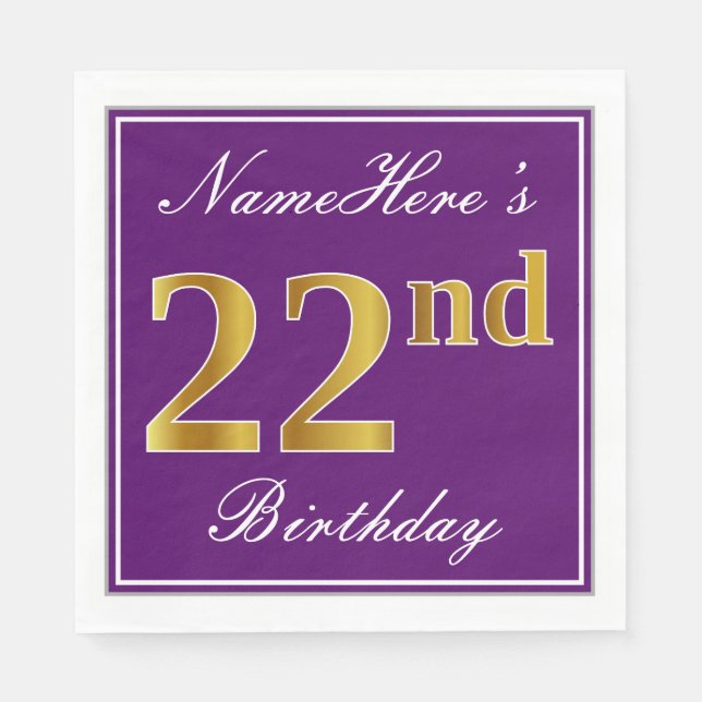 Elegant Purple, Faux Gold 22nd Birthday + Name Napkin (Front)