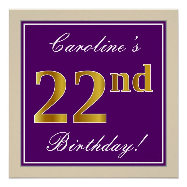 Elegant, Purple, Faux Gold 22nd Birthday + Name Poster (Front)