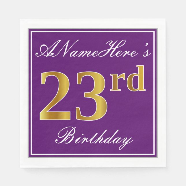 Elegant Purple, Faux Gold 23rd Birthday + Name Napkin (Front)