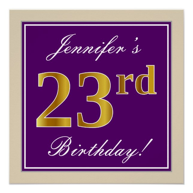 Elegant, Purple, Faux Gold 23rd Birthday + Name Poster (Front)