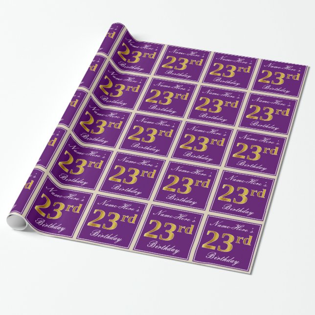 Elegant, Purple, Faux Gold 23rd Birthday + Name Wrapping Paper (Unrolled)