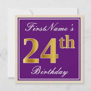 Elegant, Purple, Faux Gold 24th Birthday + Name Invitation