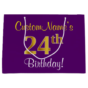 Elegant, Purple, Faux Gold 24th Birthday + Name Large Gift Bag