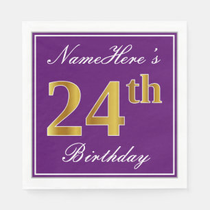 Elegant Purple, Faux Gold 24th Birthday + Name Napkin
