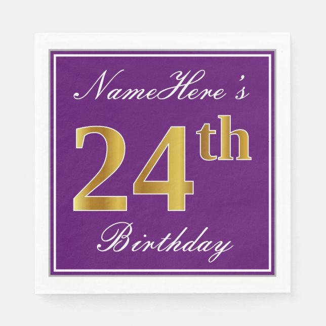 Elegant Purple, Faux Gold 24th Birthday + Name Napkin (Front)