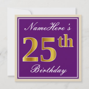 Elegant, Purple, Faux Gold 25th Birthday + Name Invitation