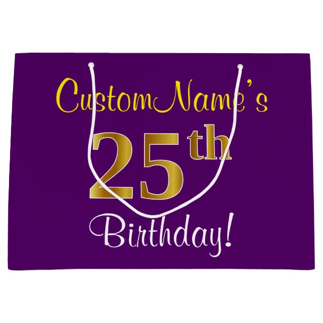 Elegant, Purple, Faux Gold 25th Birthday + Name Large Gift Bag (Front)