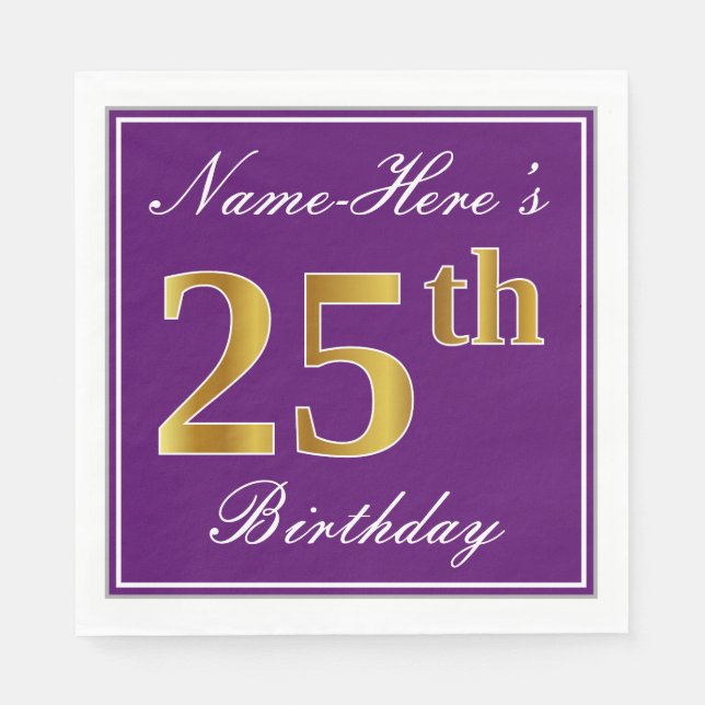 Elegant Purple, Faux Gold 25th Birthday + Name Napkin (Front)