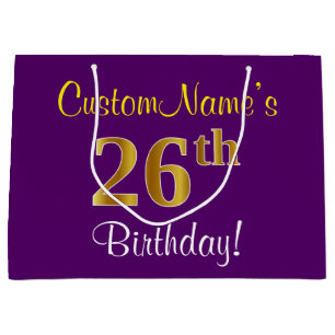 Elegant, Purple, Faux Gold 26th Birthday + Name Large Gift Bag