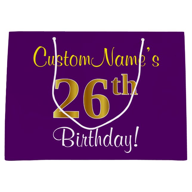 Elegant, Purple, Faux Gold 26th Birthday + Name Large Gift Bag (Front)