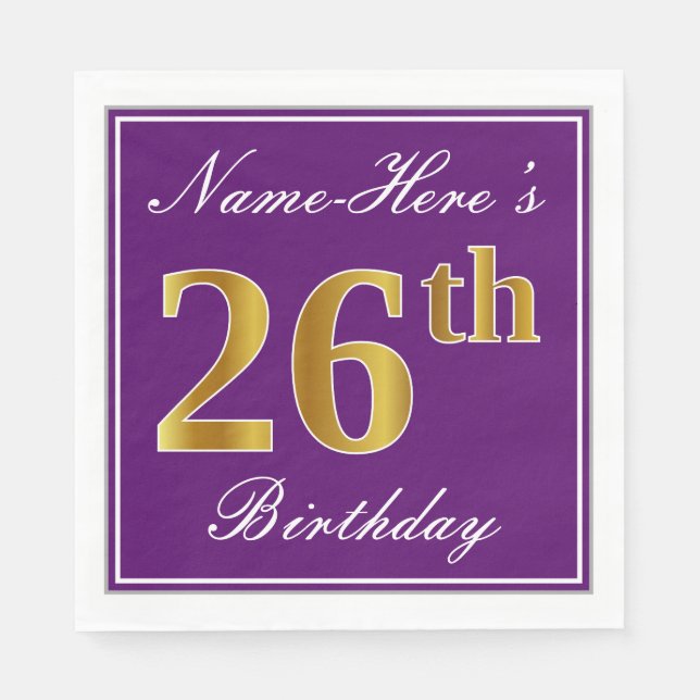 Elegant Purple, Faux Gold 26th Birthday + Name Napkin (Front)