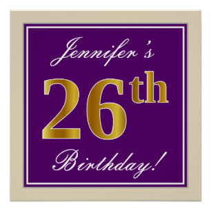 Elegant, Purple, Faux Gold 26th Birthday + Name Poster