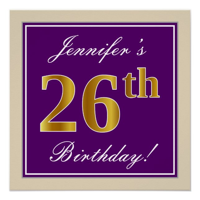 Elegant, Purple, Faux Gold 26th Birthday + Name Poster (Front)
