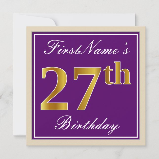 Elegant, Purple, Faux Gold 27th Birthday + Name Invitation (Front)