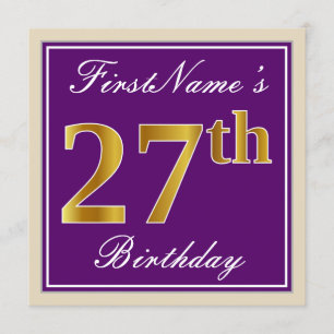 Elegant, Purple, Faux Gold 27th Birthday + Name Invitation
