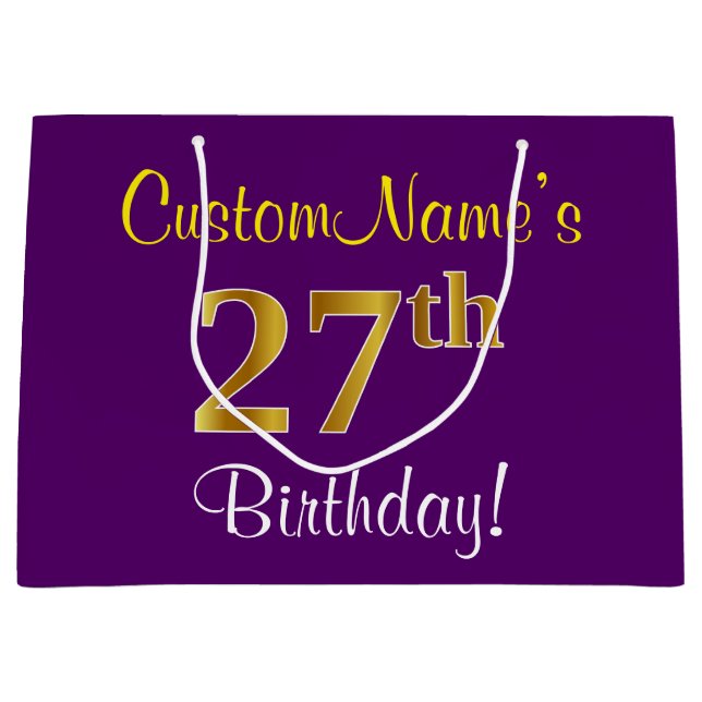 Elegant, Purple, Faux Gold 27th Birthday + Name Large Gift Bag (Front)