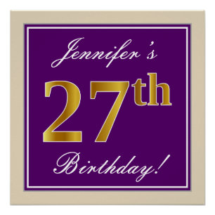 Elegant, Purple, Faux Gold 27th Birthday + Name Poster