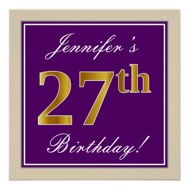 Elegant, Purple, Faux Gold 27th Birthday + Name Poster (Front)