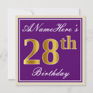 Elegant, Purple, Faux Gold 28th Birthday + Name Invitation