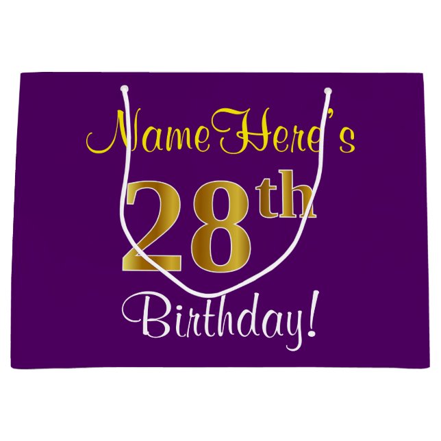 Elegant, Purple, Faux Gold 28th Birthday + Name Large Gift Bag (Front)