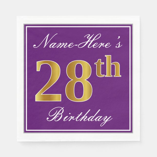Elegant Purple, Faux Gold 28th Birthday + Name Napkin (Front)