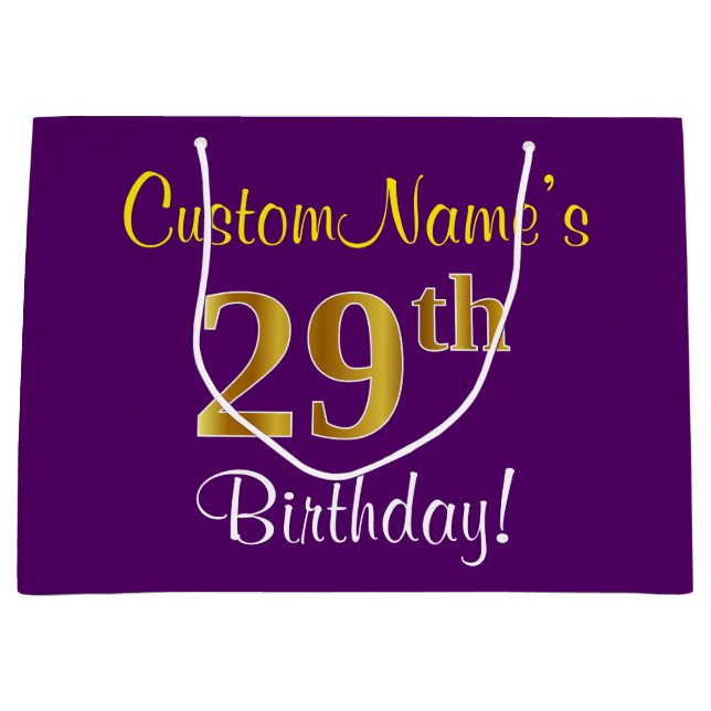 Elegant, Purple, Faux Gold 29th Birthday + Name Large Gift Bag (Front)