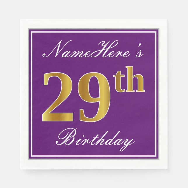 Elegant Purple, Faux Gold 29th Birthday + Name Napkin (Front)