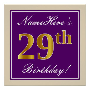 Elegant, Purple, Faux Gold 29th Birthday + Name Poster
