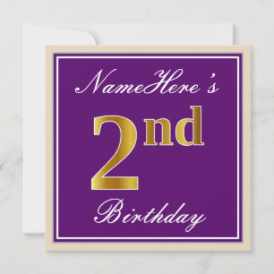 Elegant, Purple, Faux Gold 2nd Birthday + Name Invitation