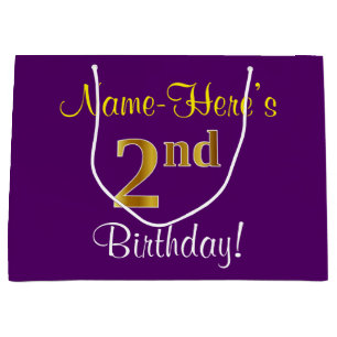 Elegant, Purple, Faux Gold 2nd Birthday + Name Large Gift Bag