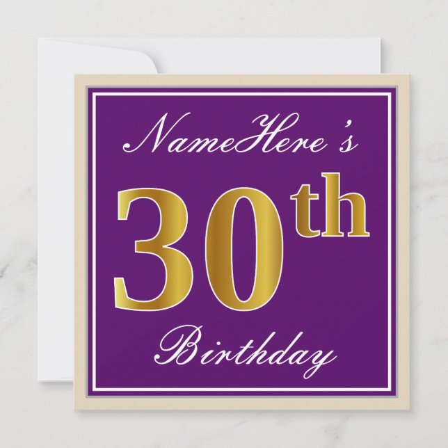Elegant, Purple, Faux Gold 30th Birthday + Name Invitation (Front)