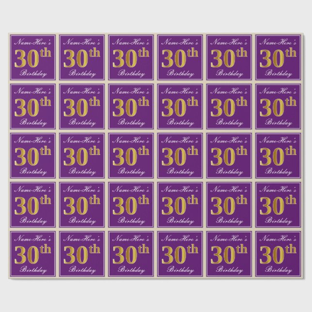 Elegant, Purple, Faux Gold 30th Birthday + Name Wrapping Paper (Flat)