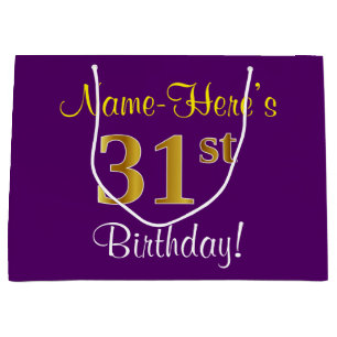 Elegant, Purple, Faux Gold 31st Birthday + Name Large Gift Bag