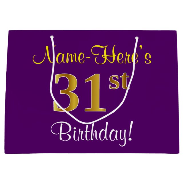 Elegant, Purple, Faux Gold 31st Birthday + Name Large Gift Bag (Front)