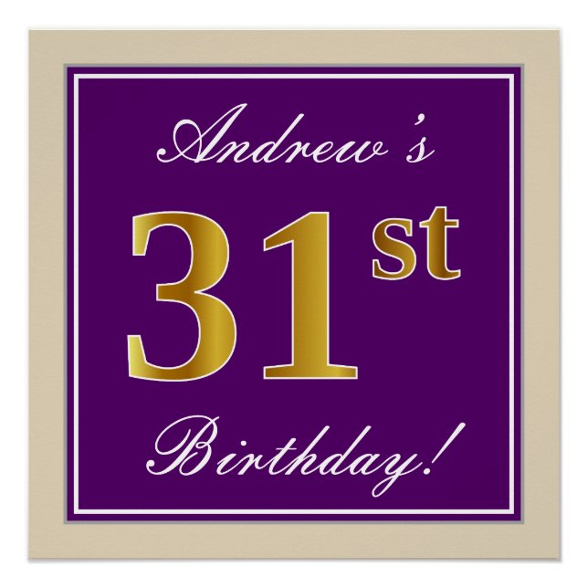 Elegant, Purple, Faux Gold 31st Birthday + Name Poster (Front)