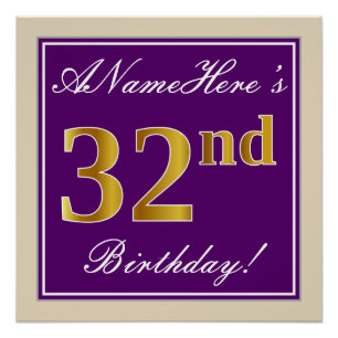 Elegant, Purple, Faux Gold 32nd Birthday + Name Poster