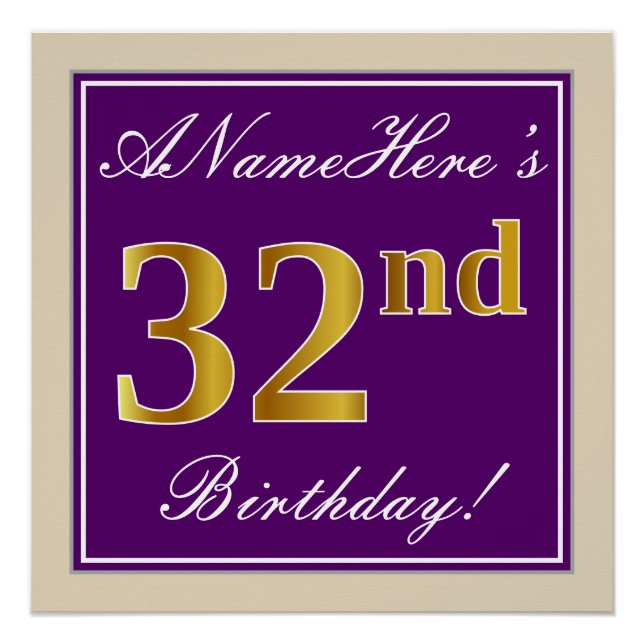 Elegant, Purple, Faux Gold 32nd Birthday + Name Poster (Front)