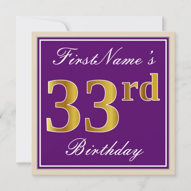 Elegant, Purple, Faux Gold 33rd Birthday + Name Invitation (Front)