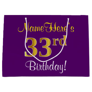 Elegant, Purple, Faux Gold 33rd Birthday + Name Large Gift Bag